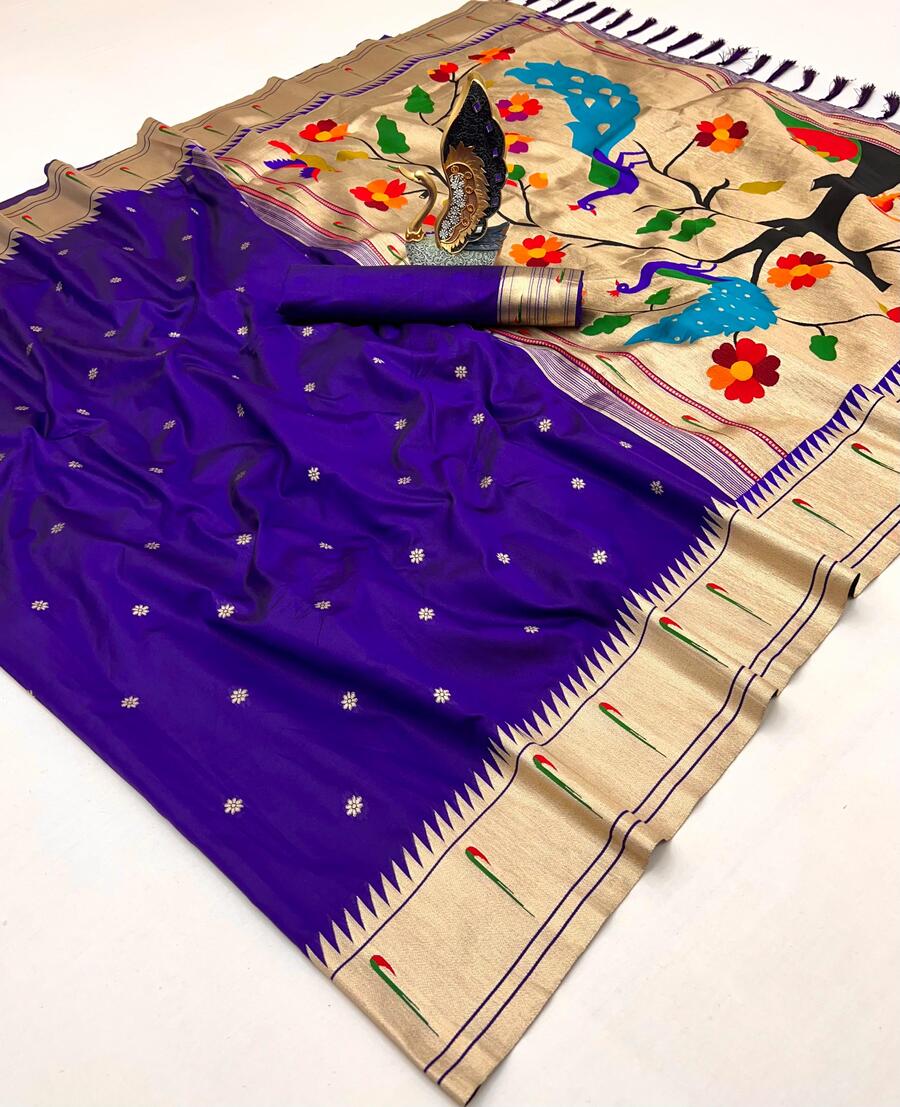 Lovely Navy Blue Paithani Silk Saree With Evanescent Blouse Piece