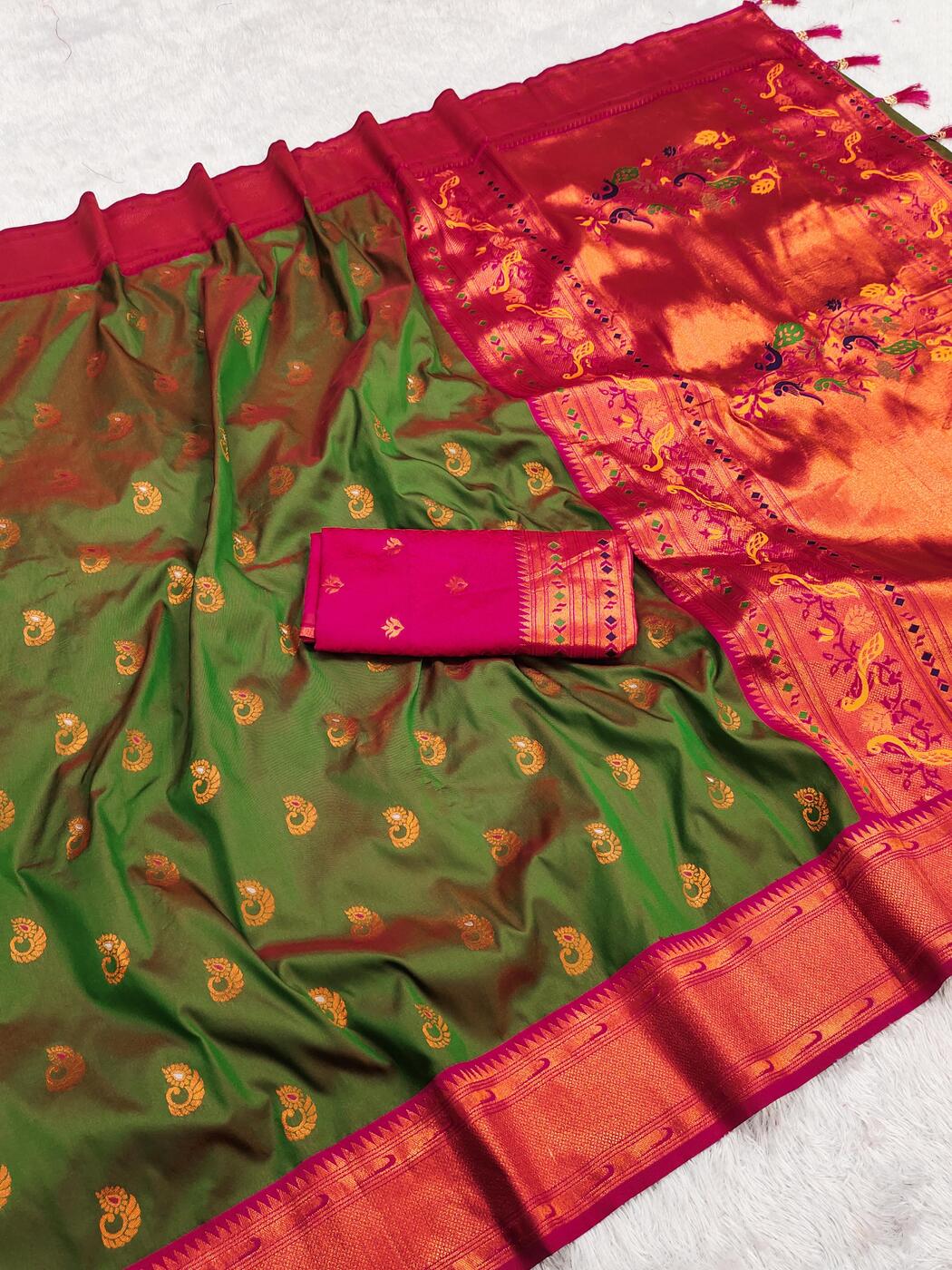 Skinny Mehndi Paithani Silk Saree With Adorning Blouse Piece