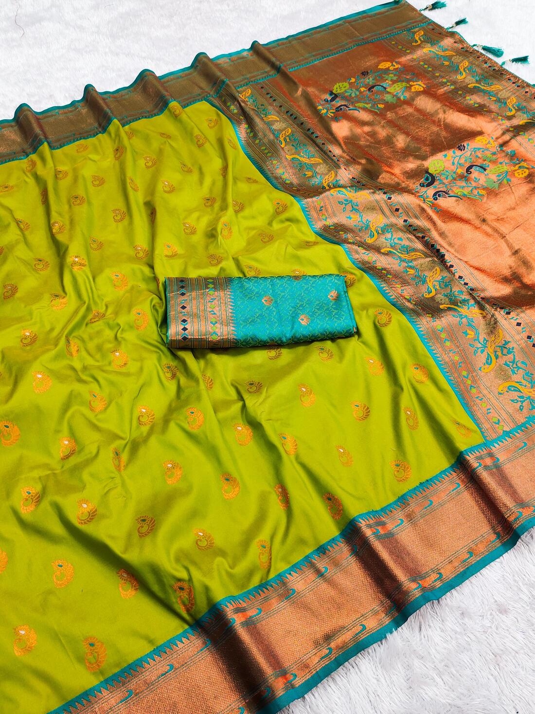 Invaluable Parrot Paithani Silk Saree With Charming Blouse Piece