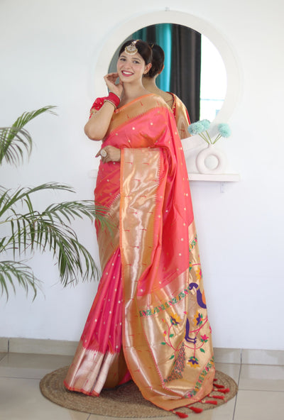 Flameboyant Peach Paithani Silk Saree With Fairytale Blouse Piece