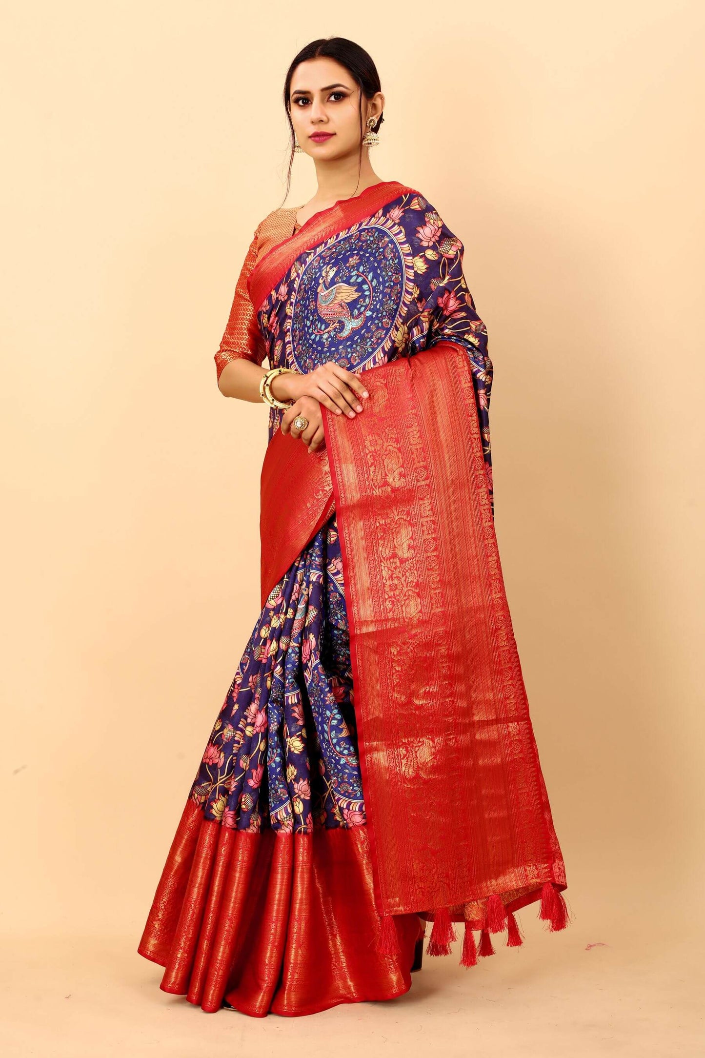 Impressive Royal Blue Kalamkari Printed Saree With Preferable Blouse Piece