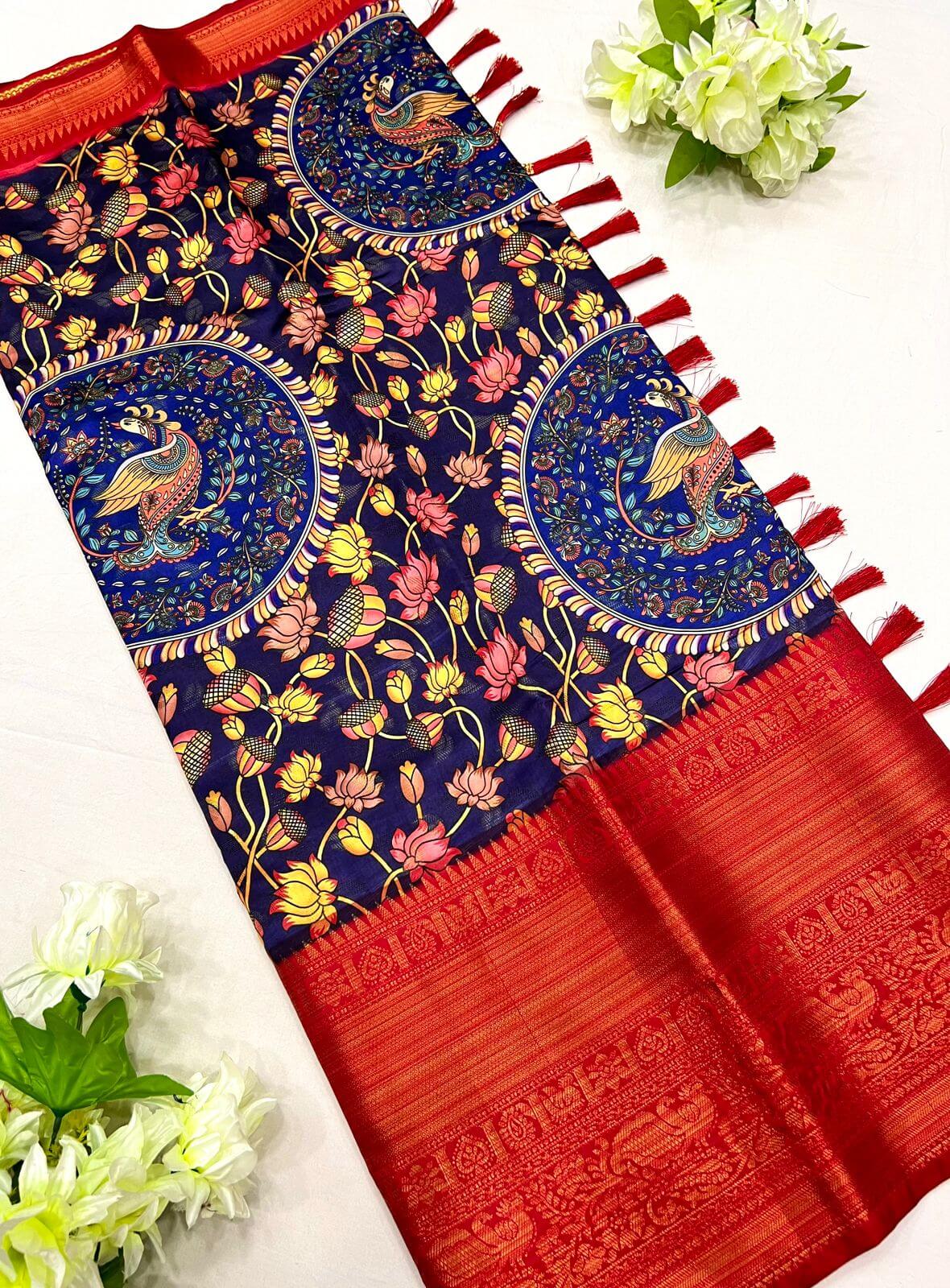 Impressive Royal Blue Kalamkari Printed Saree With Preferable Blouse Piece
