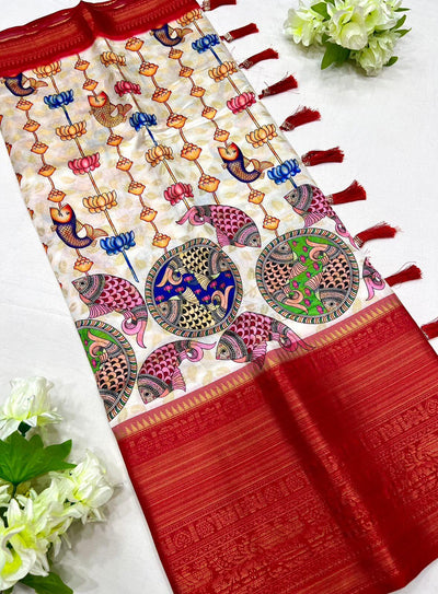 Dissemble Beige Kalamkari Printed Saree With Sempiternal Blouse Piece