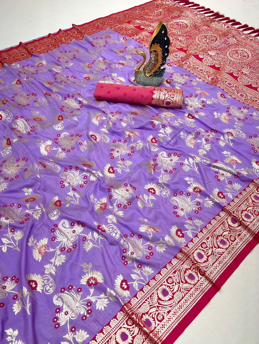 Nectarous Lavender Soft Banarasi Silk Saree With Charming Blouse Piece
