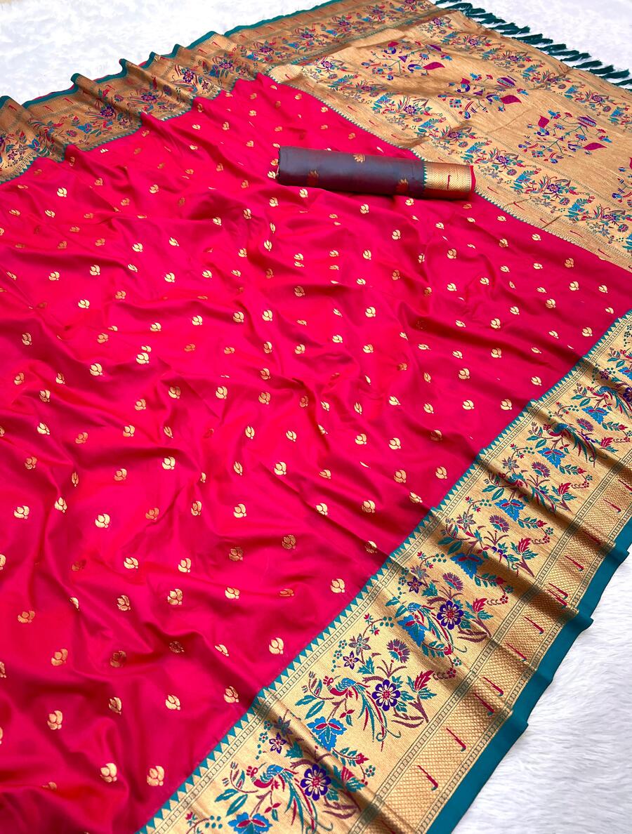 Unique Dark Pink Paithani Silk Saree With Grandiose Blouse Piece