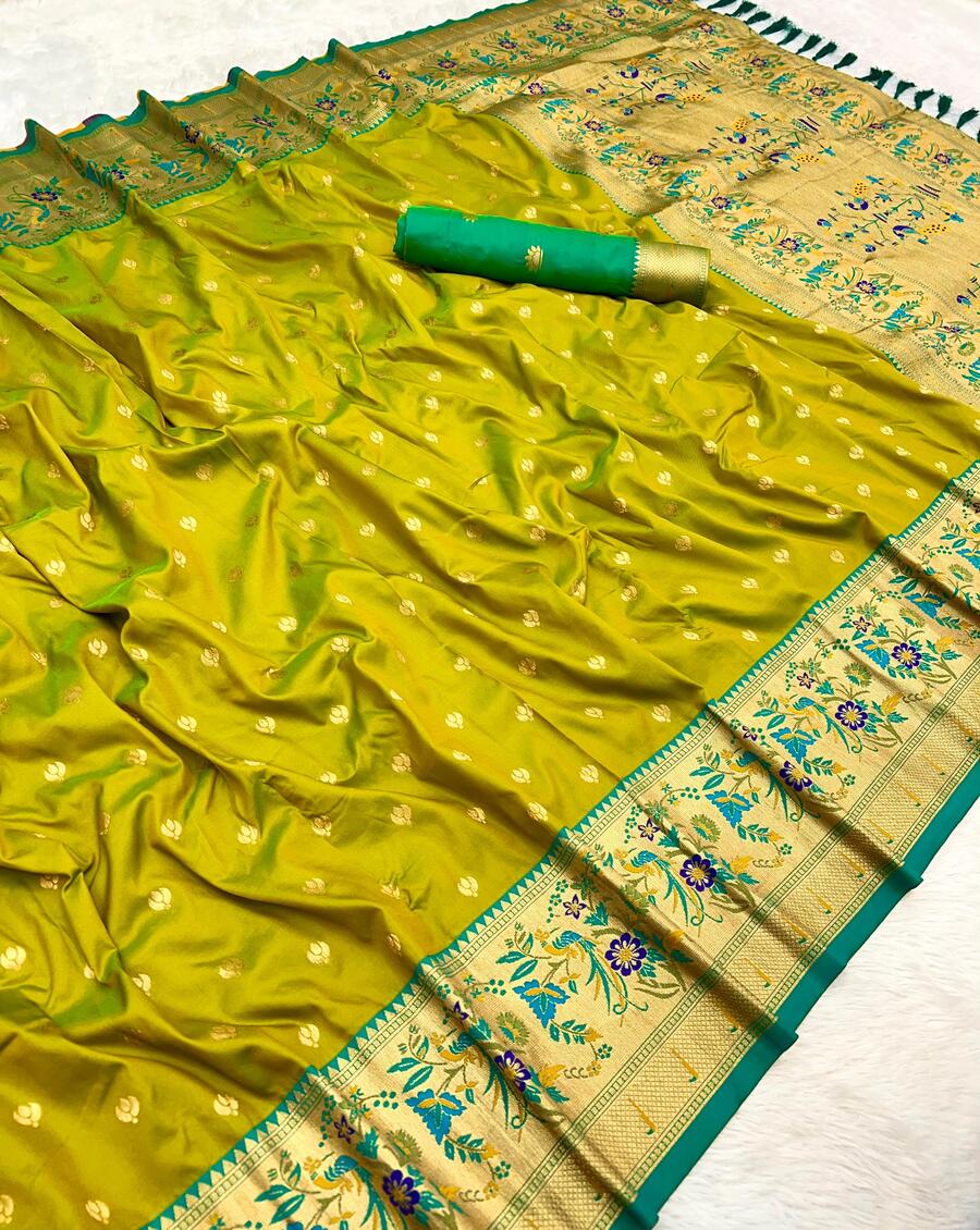 Nectarous Mehndi Paithani Silk Saree With Dulcet Blouse Piece