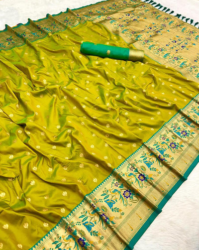 Nectarous Mehndi Paithani Silk Saree With Dulcet Blouse Piece