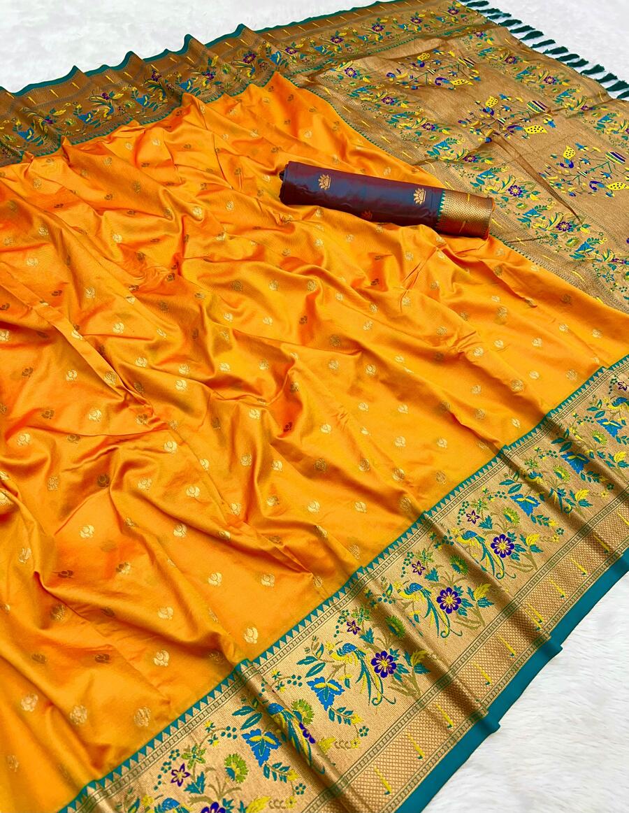 Artistic Yellow Paithani Silk Saree With Transcendent Blouse Piece