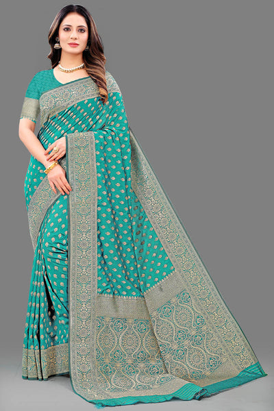 Gleaming Sea Green Soft Banarasi Silk Saree With Invaluable Blouse Piece