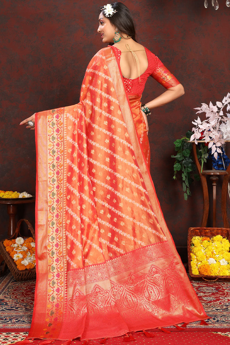 Jazzy Orange Soft Banarasi Silk Saree With Groovy Blouse Piece