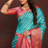 Enticing Firozi Soft Banarasi Silk Saree With Twirling Blouse Piece
