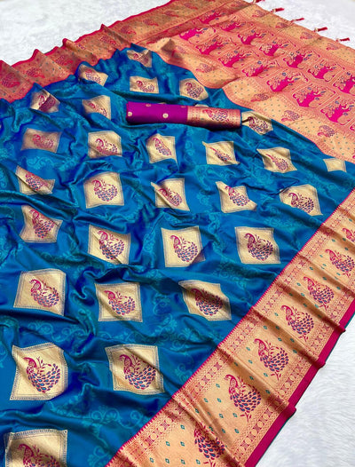 Mellifluous Blue Soft Banarasi Silk Saree With Snazzy Blouse Piece