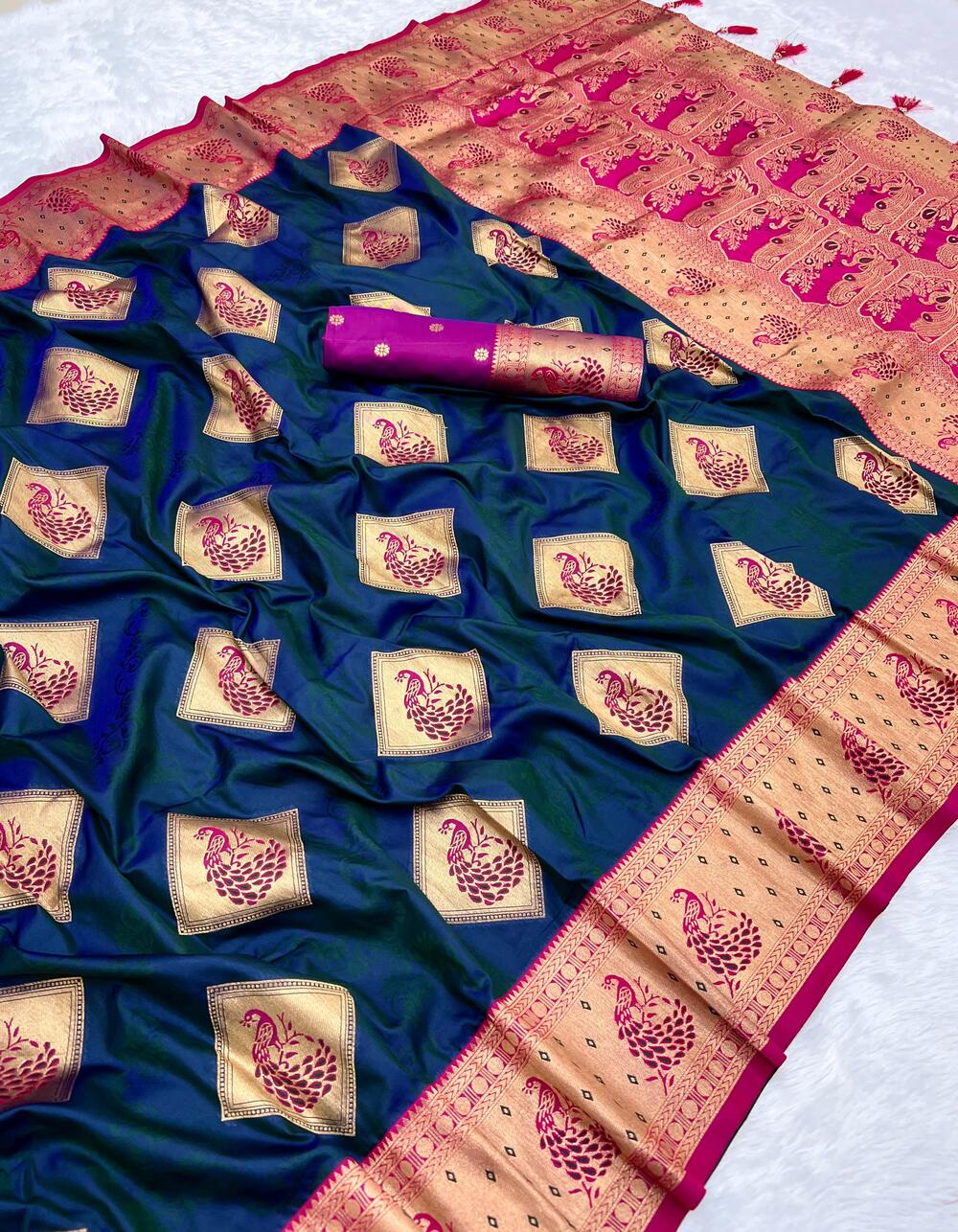 Zephyr Navy Blue Soft Banarasi Silk Saree With Ratatouille Blouse Piece