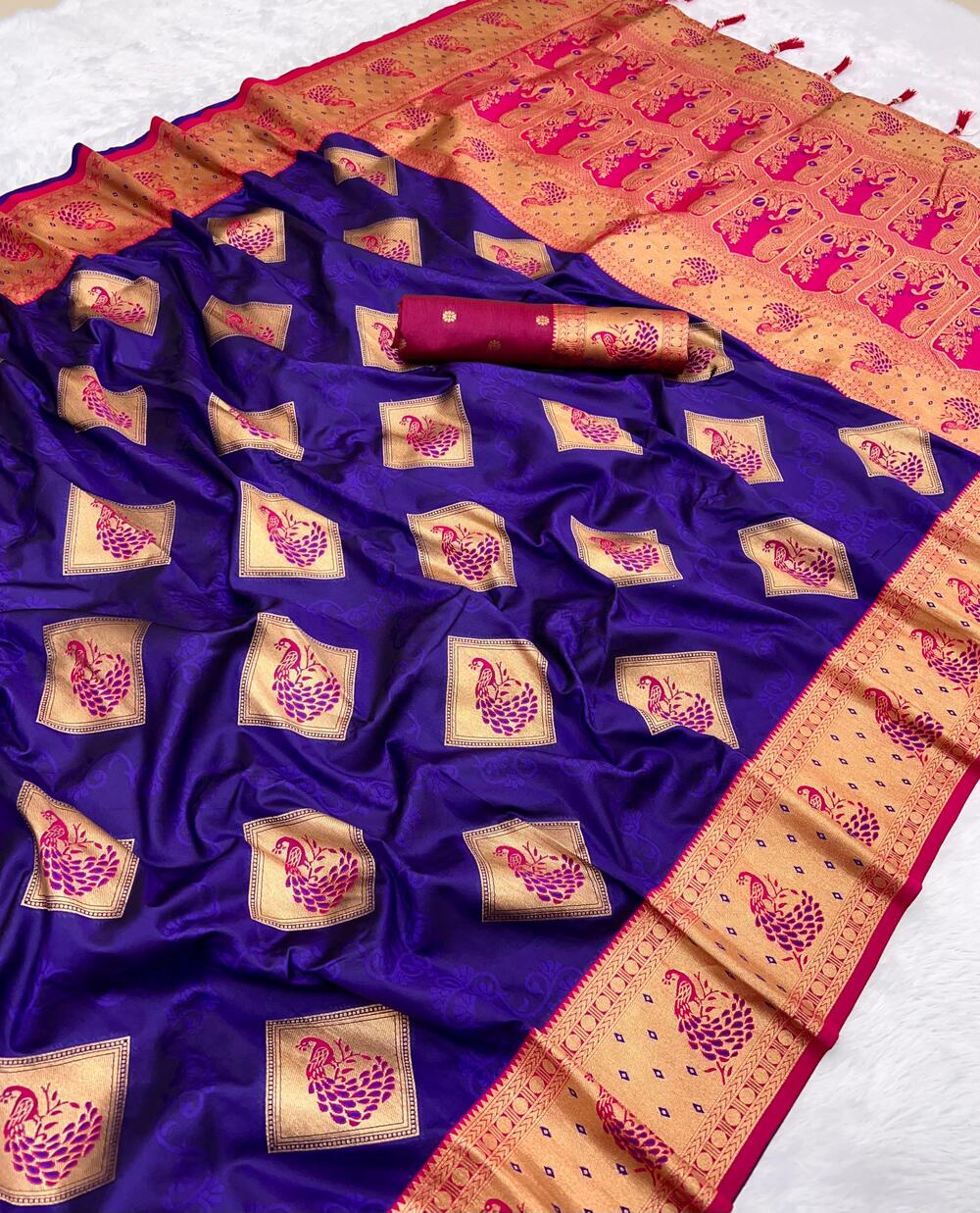 Inimitable Royal Blue Soft Banarasi Silk Saree With Lustrous Blouse Piece