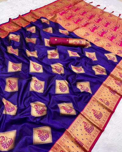 Inimitable Royal Blue Soft Banarasi Silk Saree With Lustrous Blouse Piece