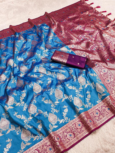 Scrupulous Firozi Soft Banarasi Silk Saree With Staring Blouse Piece