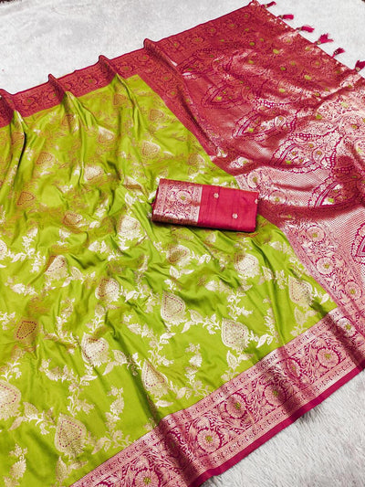 Desirable Mehndi Soft Banarasi Silk Saree With Evocative Blouse Piece