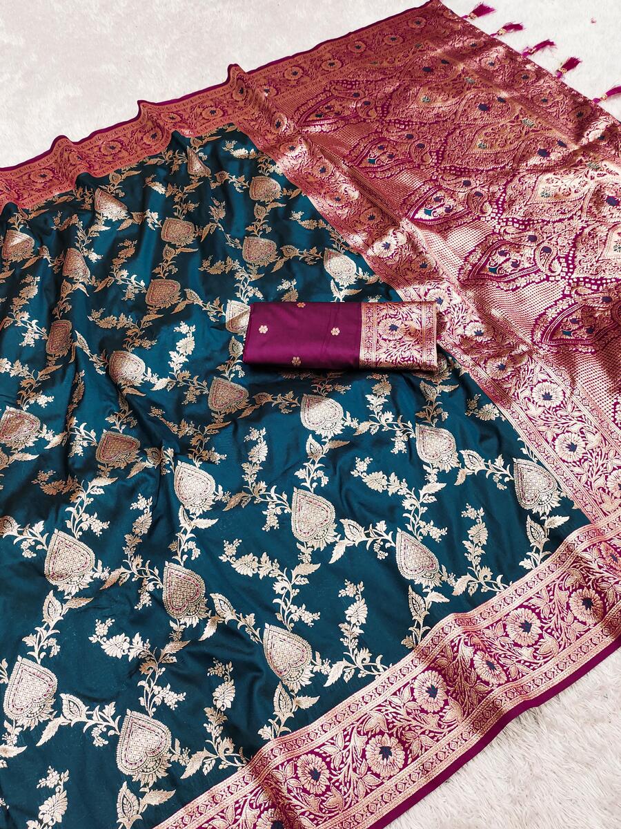 Precious Teal Blue Soft Banarasi Silk Saree With Prominent Blouse Piece