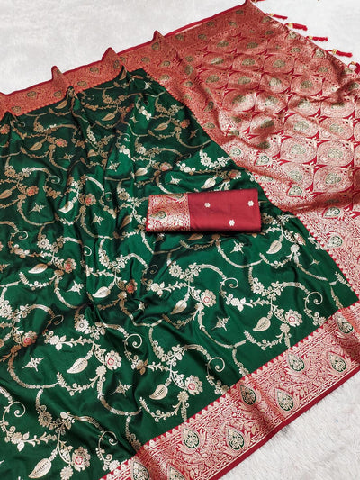 Serendipity Dark Green Soft Banarasi Silk Saree With Delightful Blouse Piece