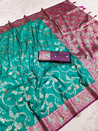 Sizzling Sea Green Soft Banarasi Silk Saree With Desuetude Blouse Piece
