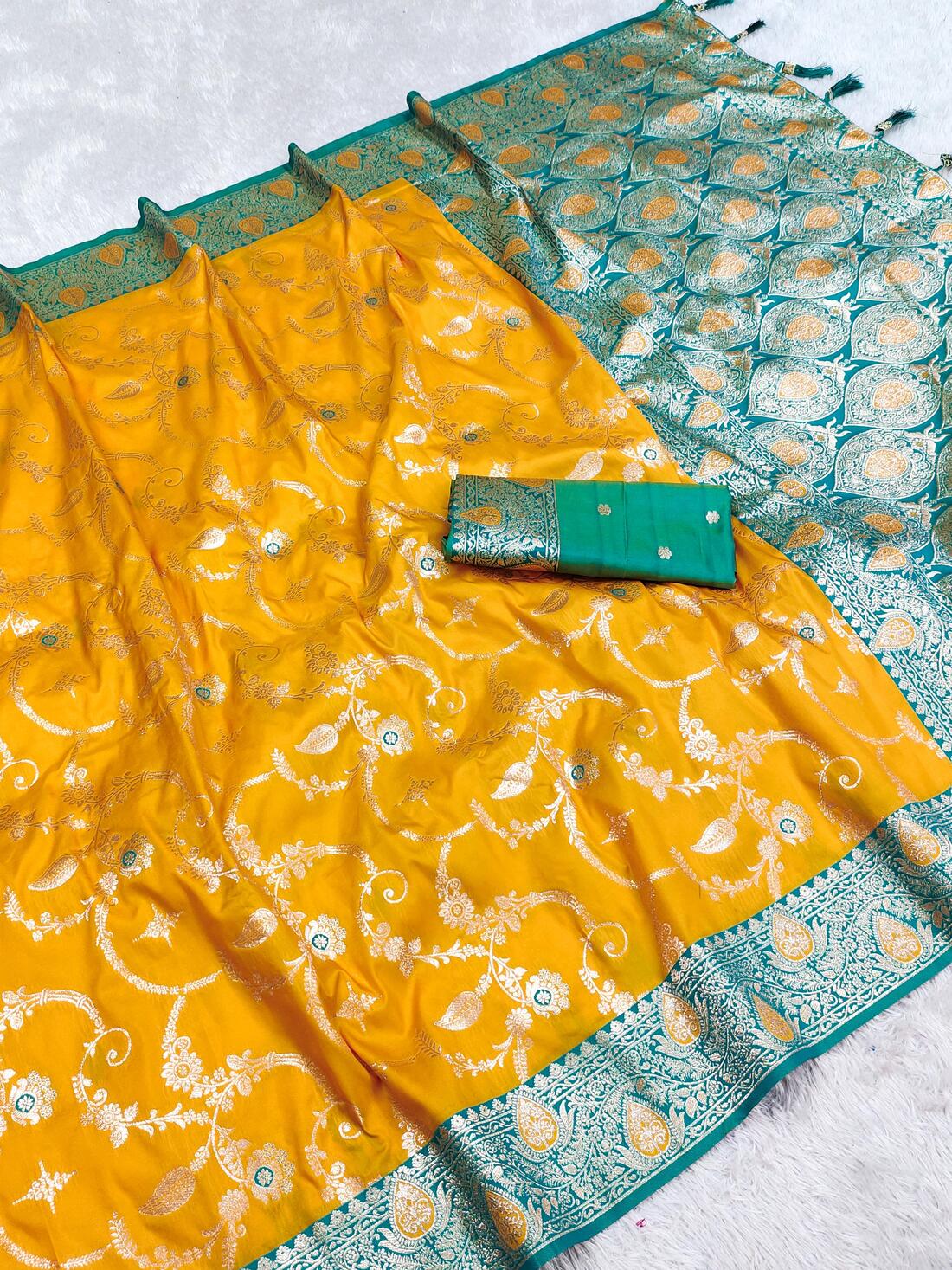 Nemesis Yellow Soft Banarasi Silk Saree With Cynosure Blouse Piece