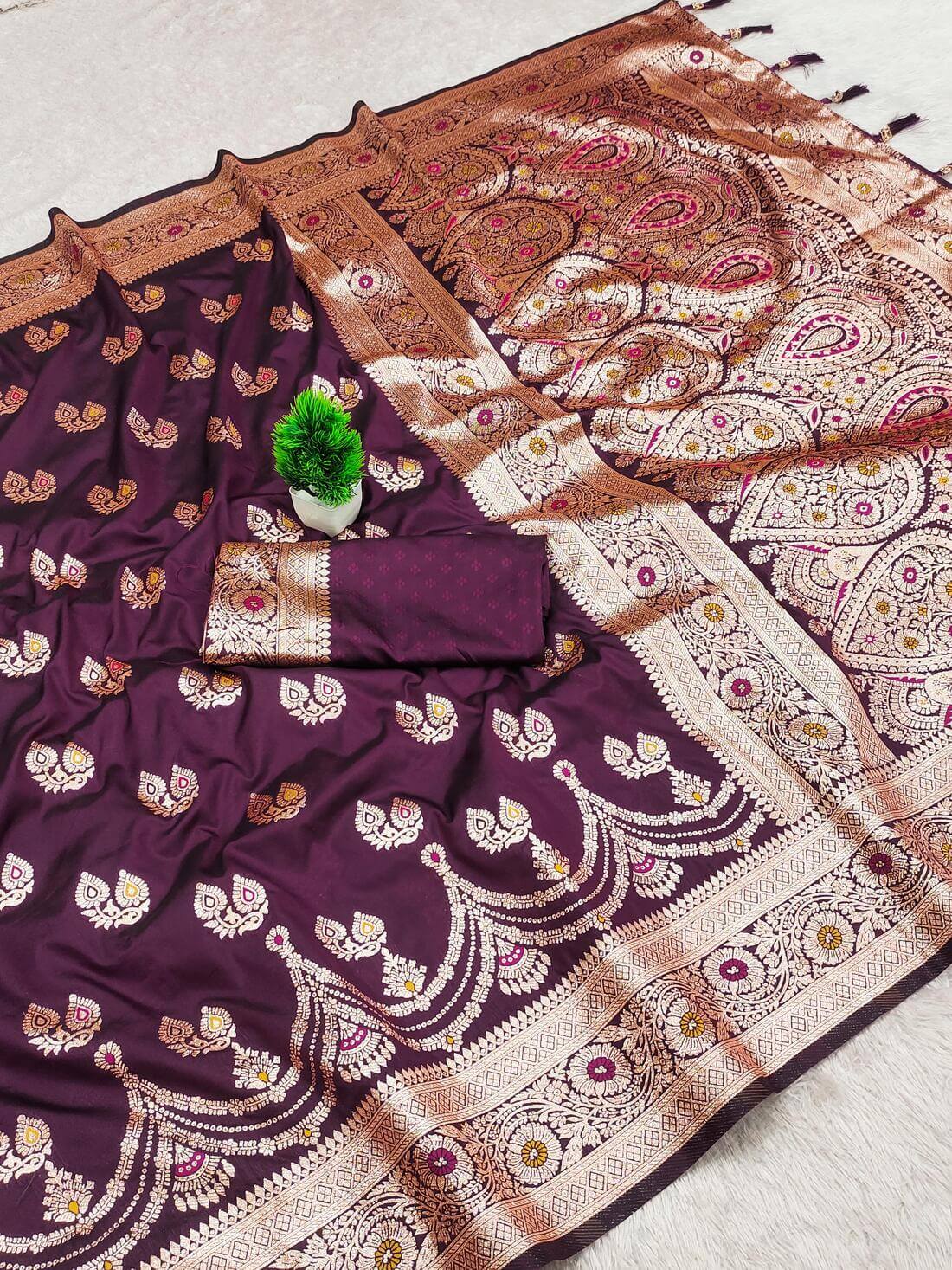 Pretty Wine Soft Banarasi Silk Saree With Admirable Blouse Piece