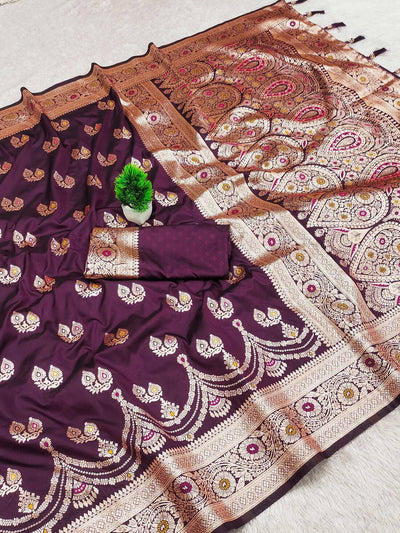 Pretty Wine Soft Banarasi Silk Saree With Admirable Blouse Piece