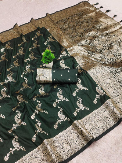 Tremendous Dark Green Soft Banarasi Silk Saree With Symmetrical Blouse Piece
