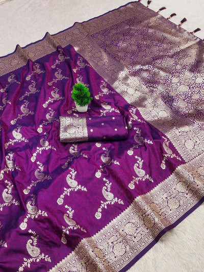 Effervescent Purple Soft Banarasi Silk Saree With Engaging Blouse Piece