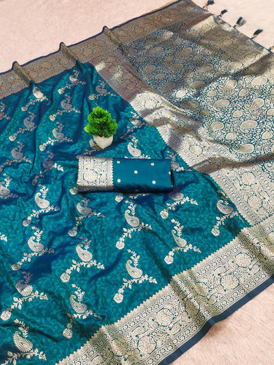 Sensational Rama Soft Banarasi Silk Saree With Verdant Blouse Piece