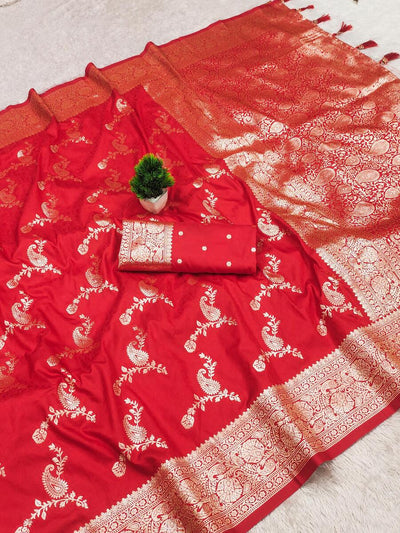 Glittering Red Soft Banarasi Silk Saree With Glamorous Blouse Piece