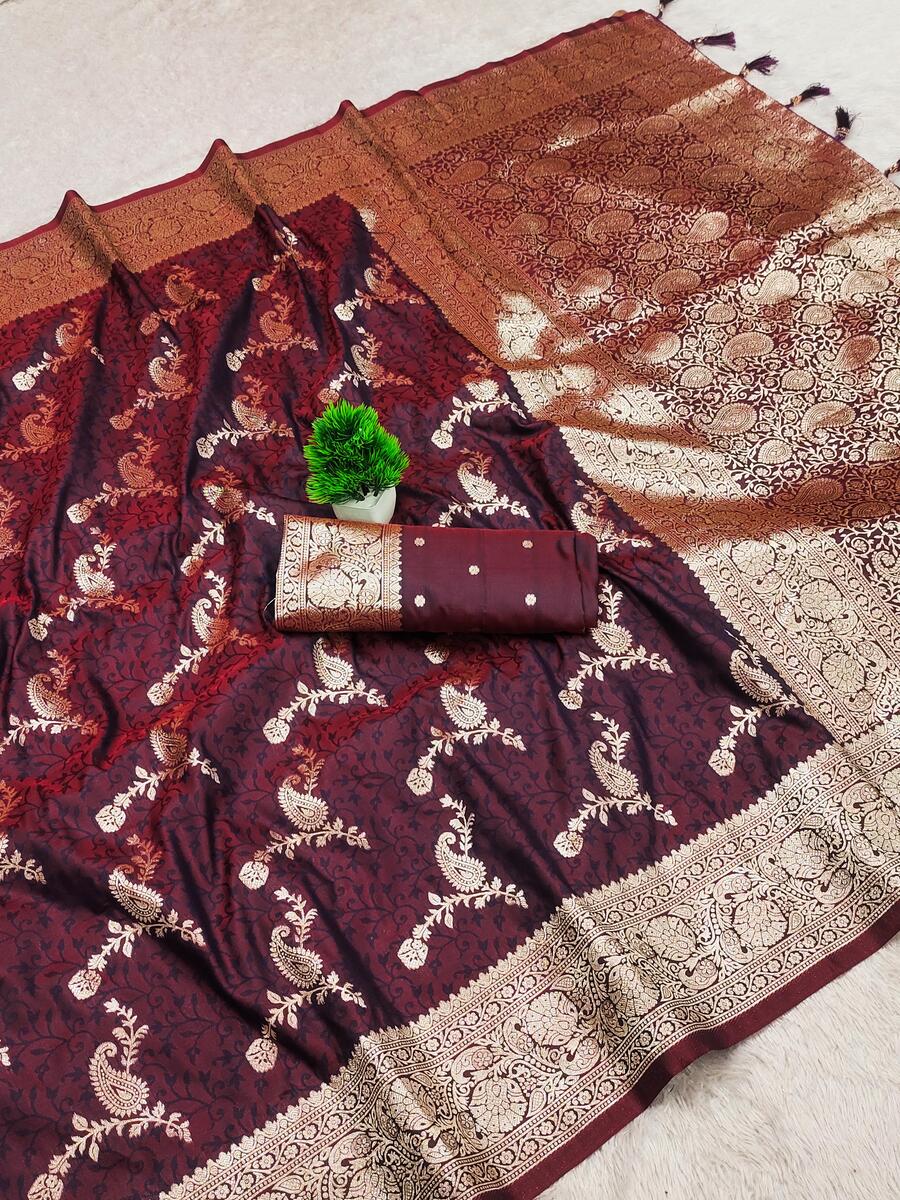 Susurrous Wine Soft Banarasi Silk Saree With Flamboyant Blouse Piece
