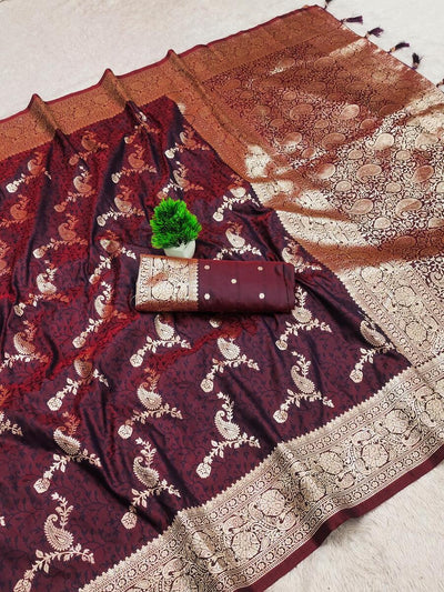 Susurrous Wine Soft Banarasi Silk Saree With Flamboyant Blouse Piece