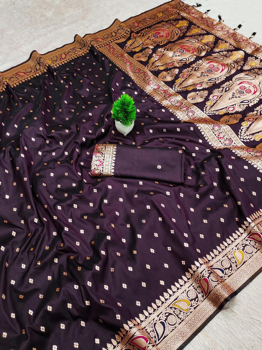 Desiring Wine Soft Banarasi Silk Saree With Splendorous Blouse Piece