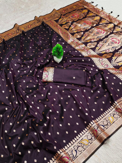 Desiring Wine Soft Banarasi Silk Saree With Splendorous Blouse Piece