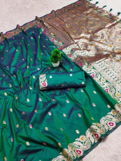 Scintillating Green Soft Banarasi Silk Saree With Blooming Blouse Piece