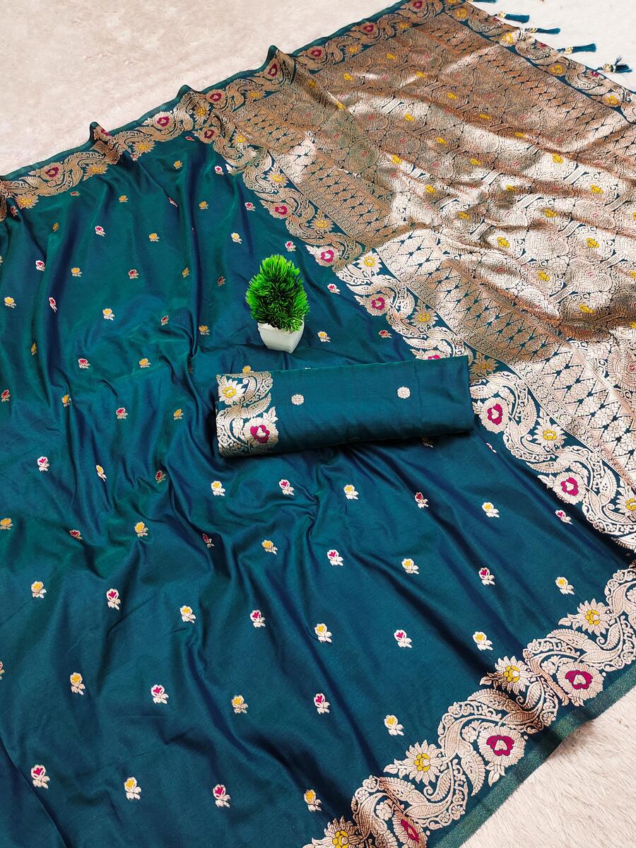 Serendipity Rama Soft Banarasi Silk Saree With Fragrant Blouse Piece