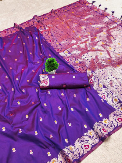 Vibrant Royal Purple Soft Banarasi Silk Saree With Breathtaking Blouse Piece