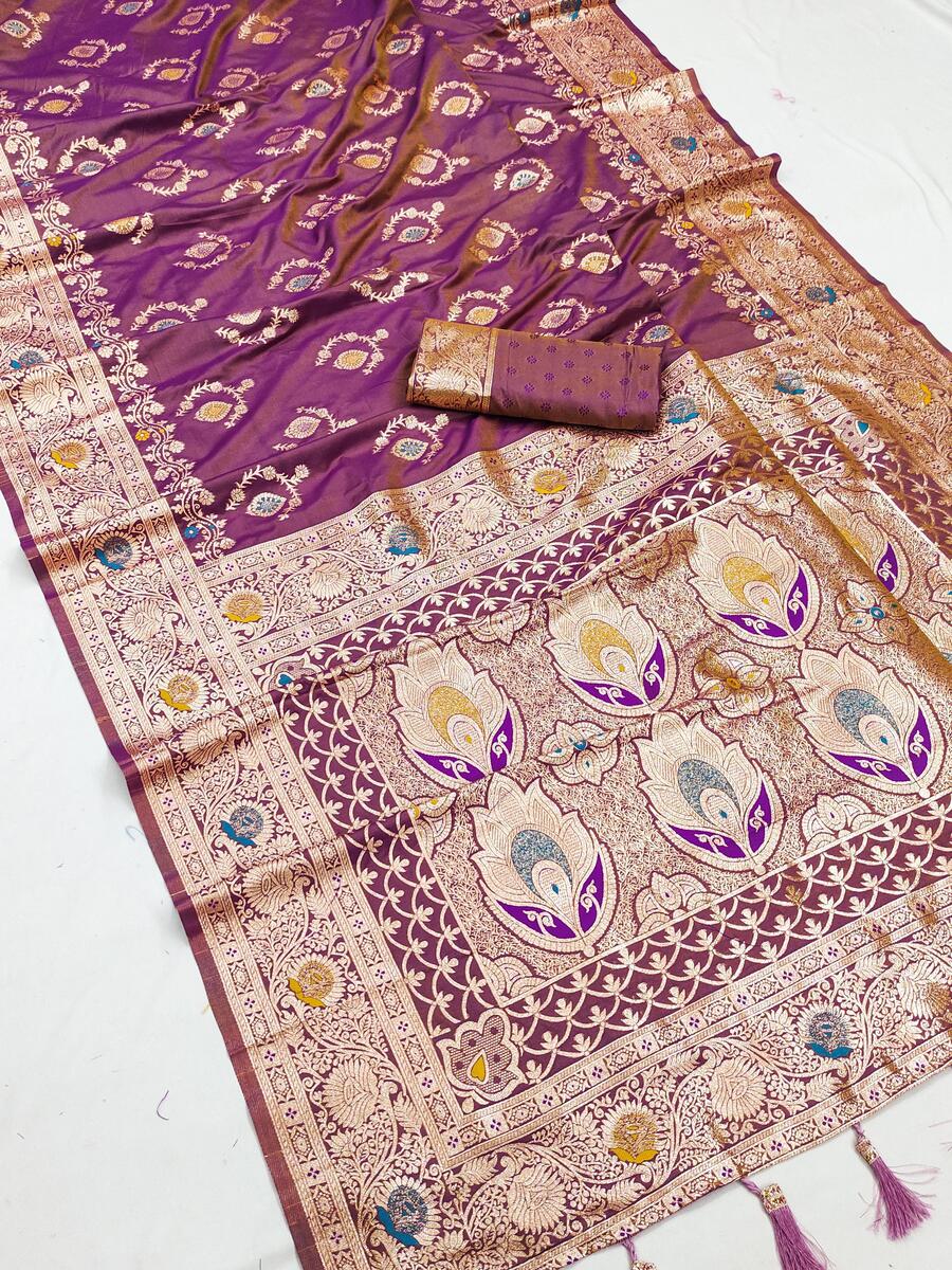 Enthralling Lavender Soft Banarasi Silk Saree With Palimpsest Blouse Piece