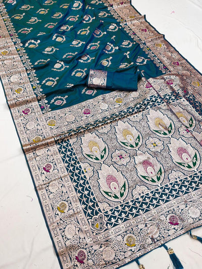 Lassitude Rama Soft Banarasi Silk Saree With Mesmeric Blouse Piece