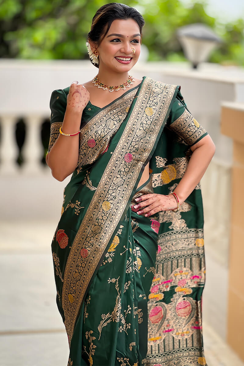 Ratatouille Dark Green Soft Banarasi Silk Saree With Embrocation Blouse Piece