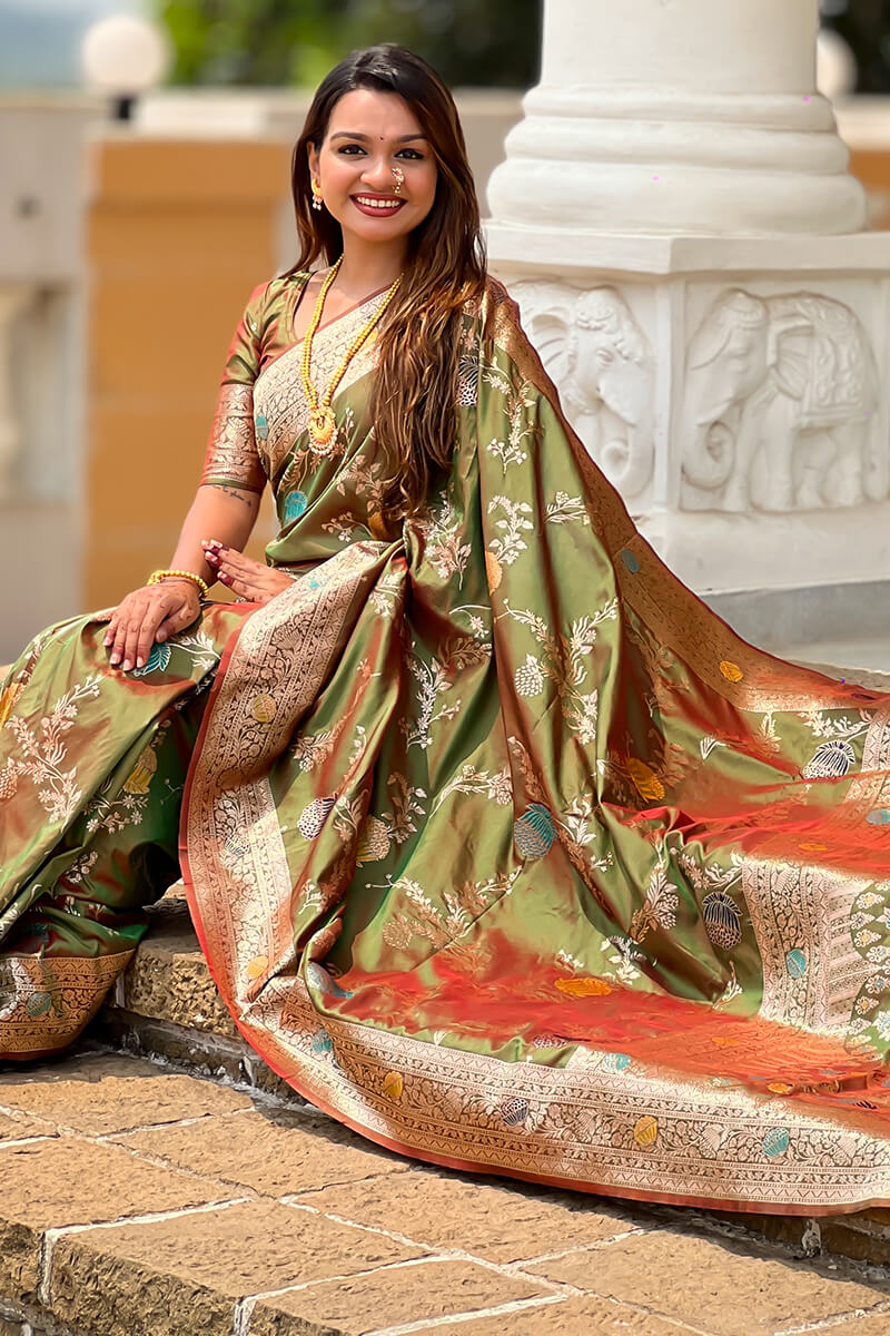 Prodigal Mehndi Soft Banarasi Silk Saree With Fantabulous Blouse Piece