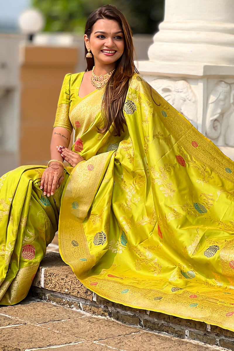 Flamboyant Parrot Soft Banarasi Silk Saree With Precious Blouse Piece