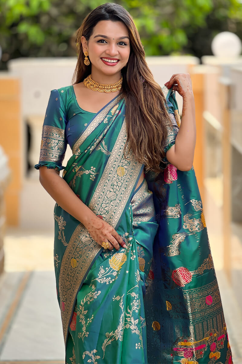 Rhapsody Rama Soft Banarasi Silk Saree With Posh Blouse Piece