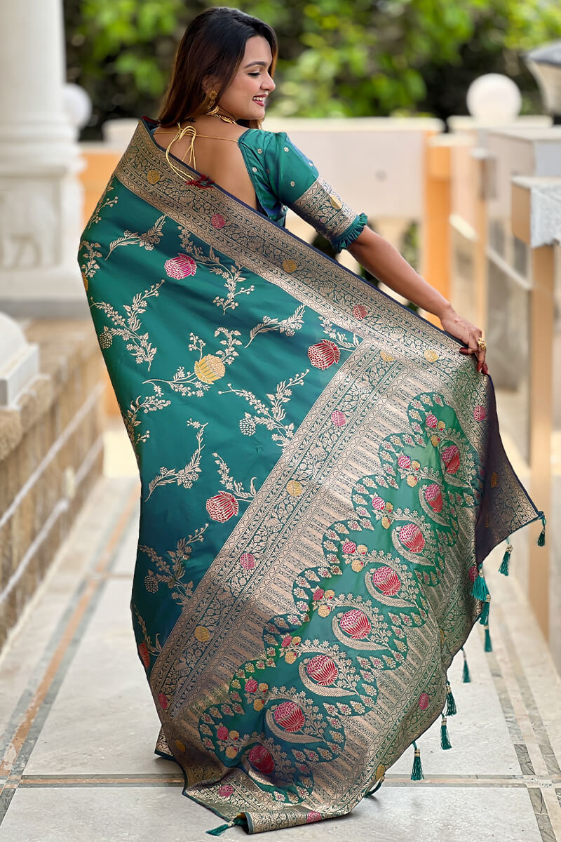 Rhapsody Rama Soft Banarasi Silk Saree With Posh Blouse Piece