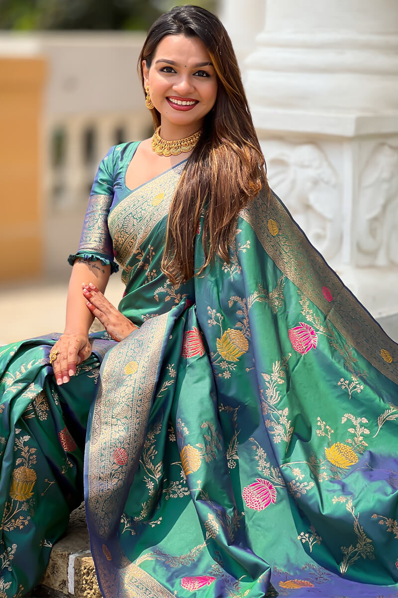 Rhapsody Rama Soft Banarasi Silk Saree With Posh Blouse Piece