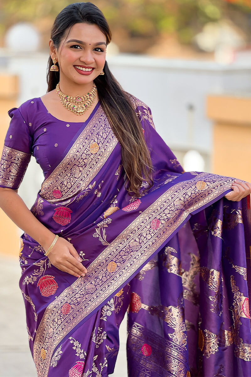 Exquisite Royal Purple Soft Banarasi Silk Saree With Splendorous Blouse Piece