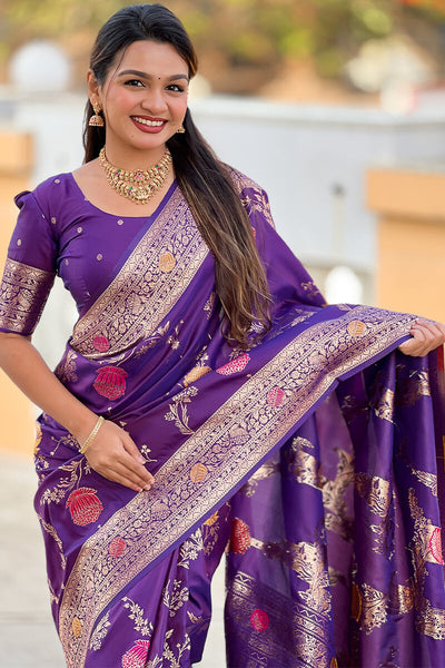 Exquisite Royal Purple Soft Banarasi Silk Saree With Splendorous Blouse Piece