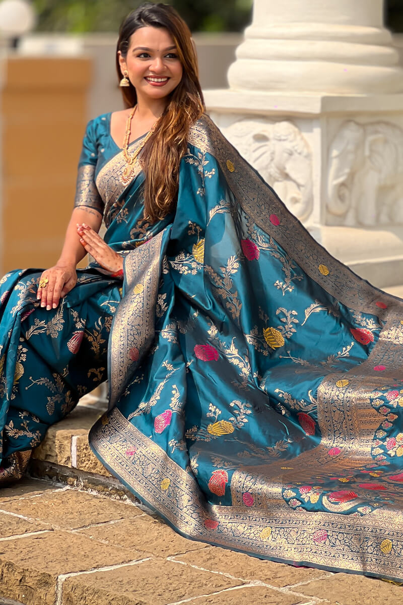 Demesne Teal Blue Soft Banarasi Silk Saree With Forbearance Blouse Piece