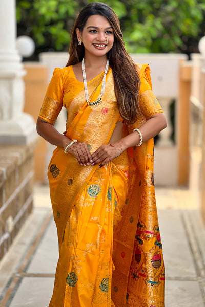 Admirable Yellow Soft Banarasi Silk Saree With Angelic Blouse Piece